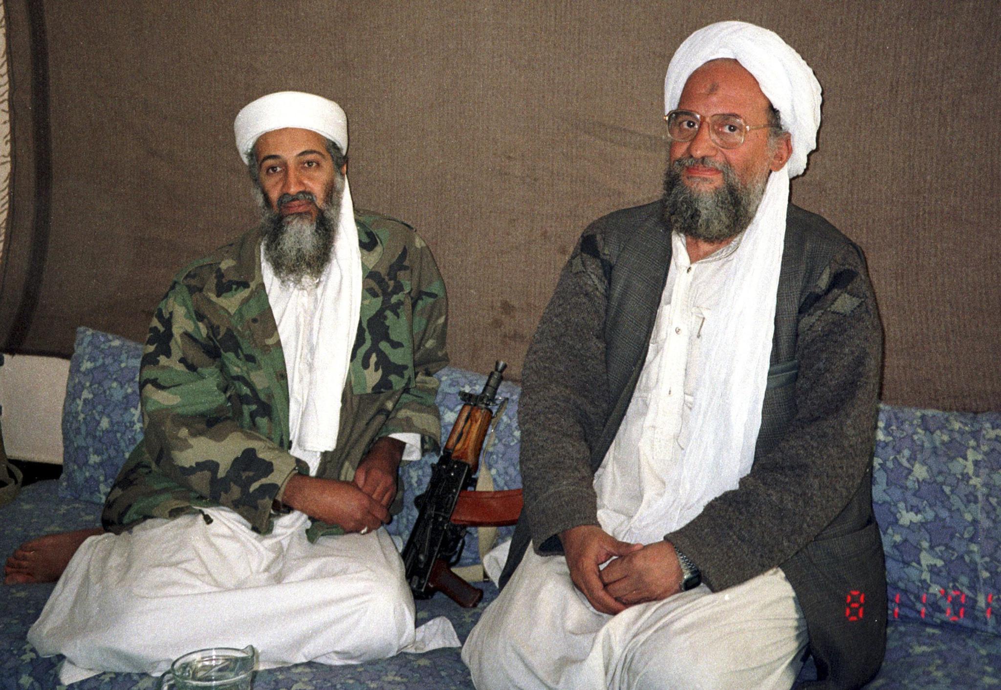 Osama bin Laden, left, sits with his adviser and successor Ayman al-Zawahri, on November 10, 2001. Zawahiri, an Egyptian, is now the head of Al-Qaeda.