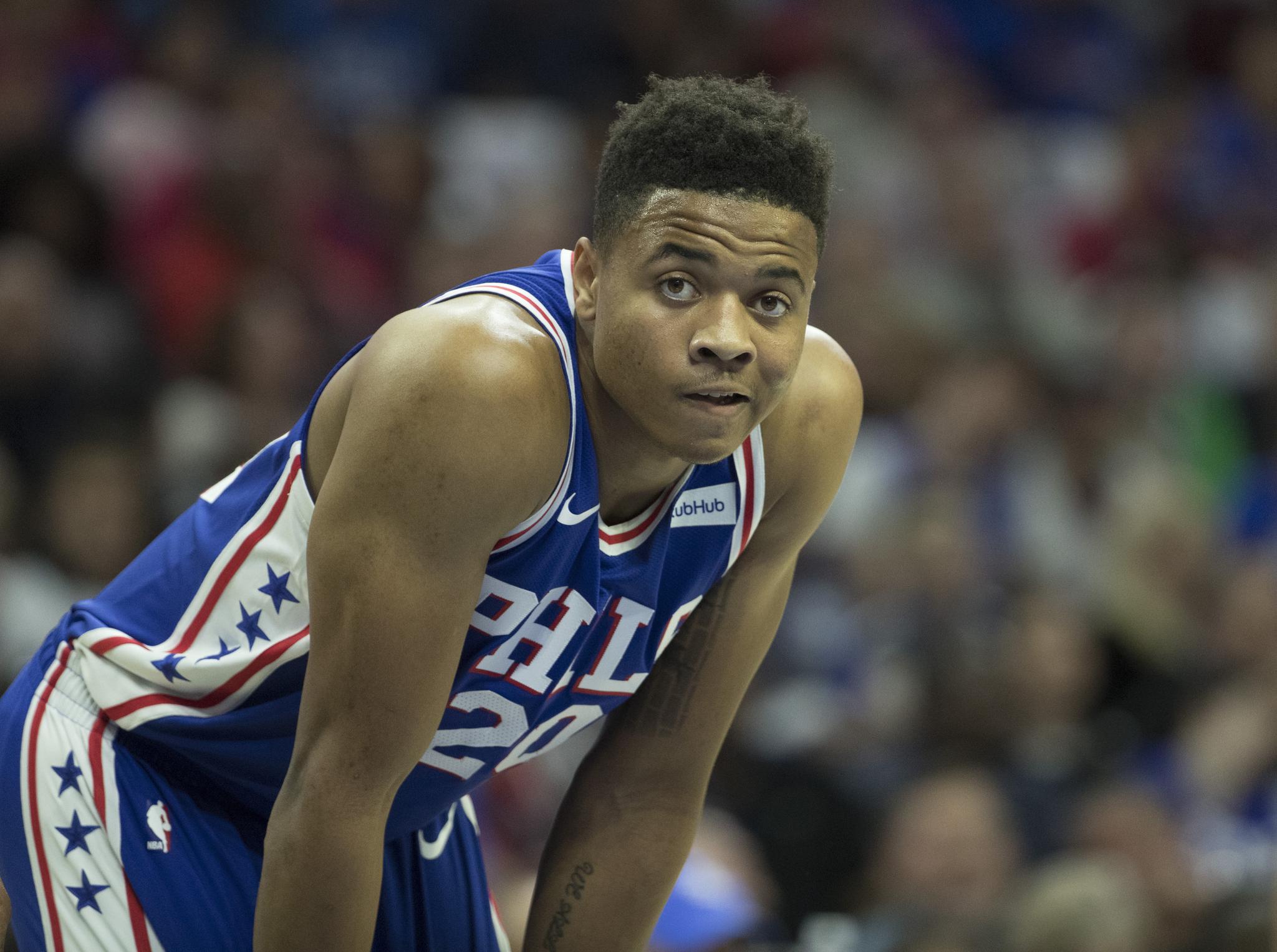 Markelle Fultz of the Philadelphia 76ers watches the Boston Celtics at Philadelphia's Wells Fargo Center on October 20, 2017. Fultz has been trying to work through a case of the yips this summer.