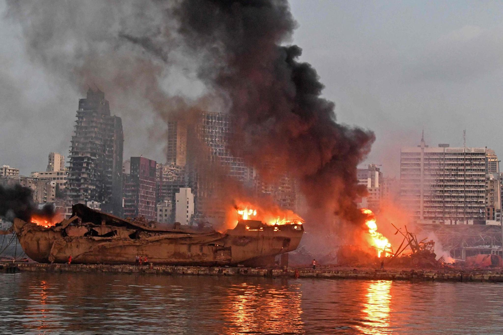 Fire at the port after the explosion (AFP via Getty Images)