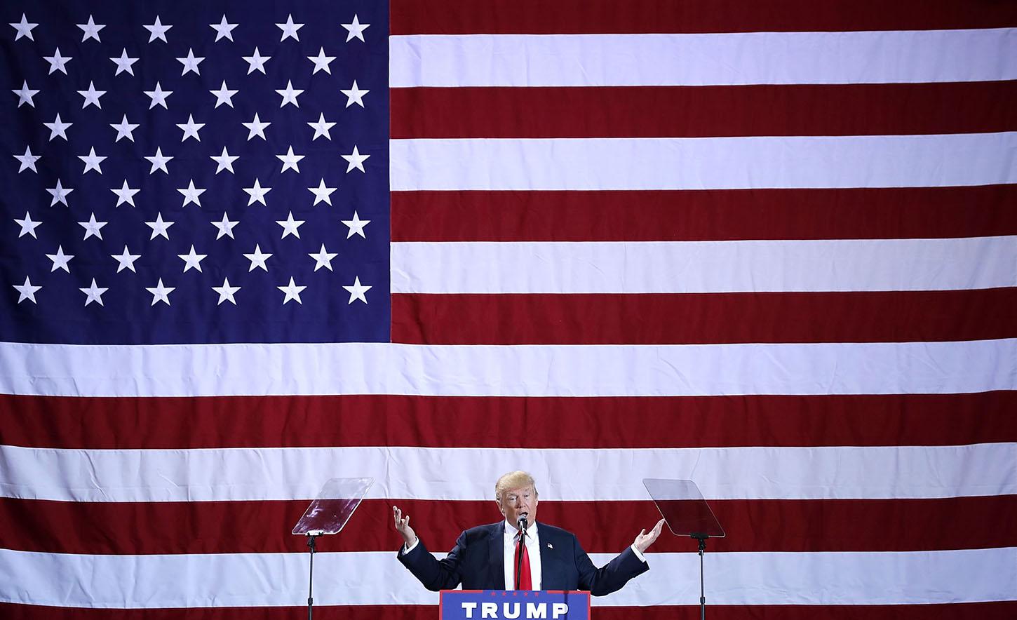 Republican presidential nominee Donald Trump addresses a campaign rally at the Deltaplex Arena October 31, 2016 in Grand Rapids, Michigan. With just eight days until the election, polls show a slight tightening in the race.