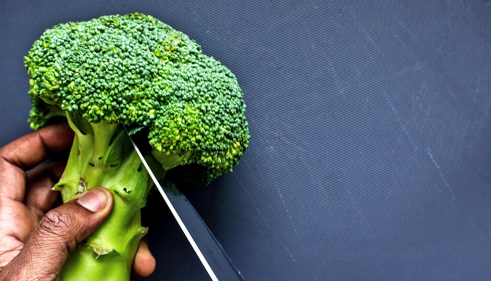 A person cuts a broccoli floret against a dark blue background (indole)