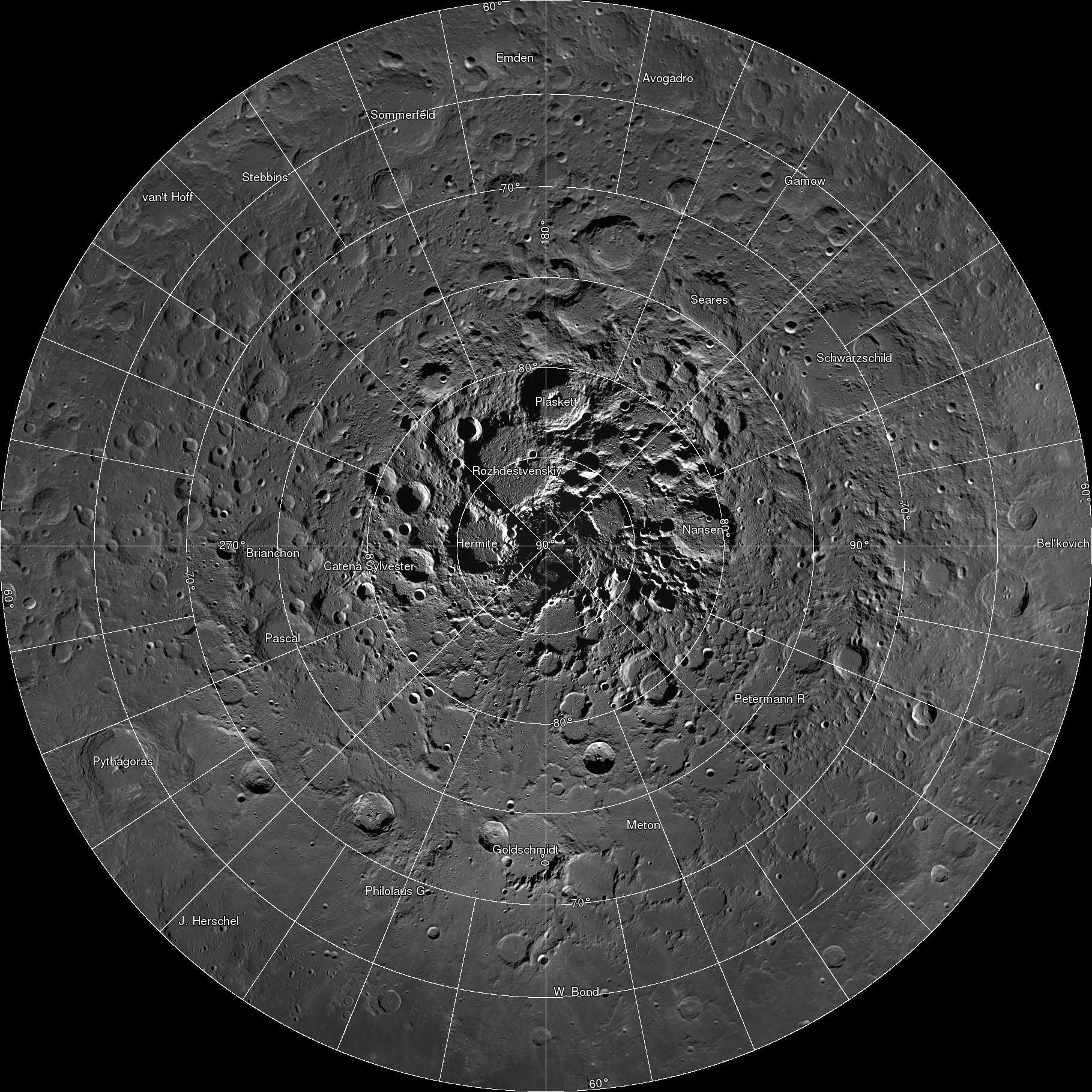 The moon's north pole region. Philolaus Crater is located at around 7 if the image were a clock face, two thirds of the way out from the pole itself.