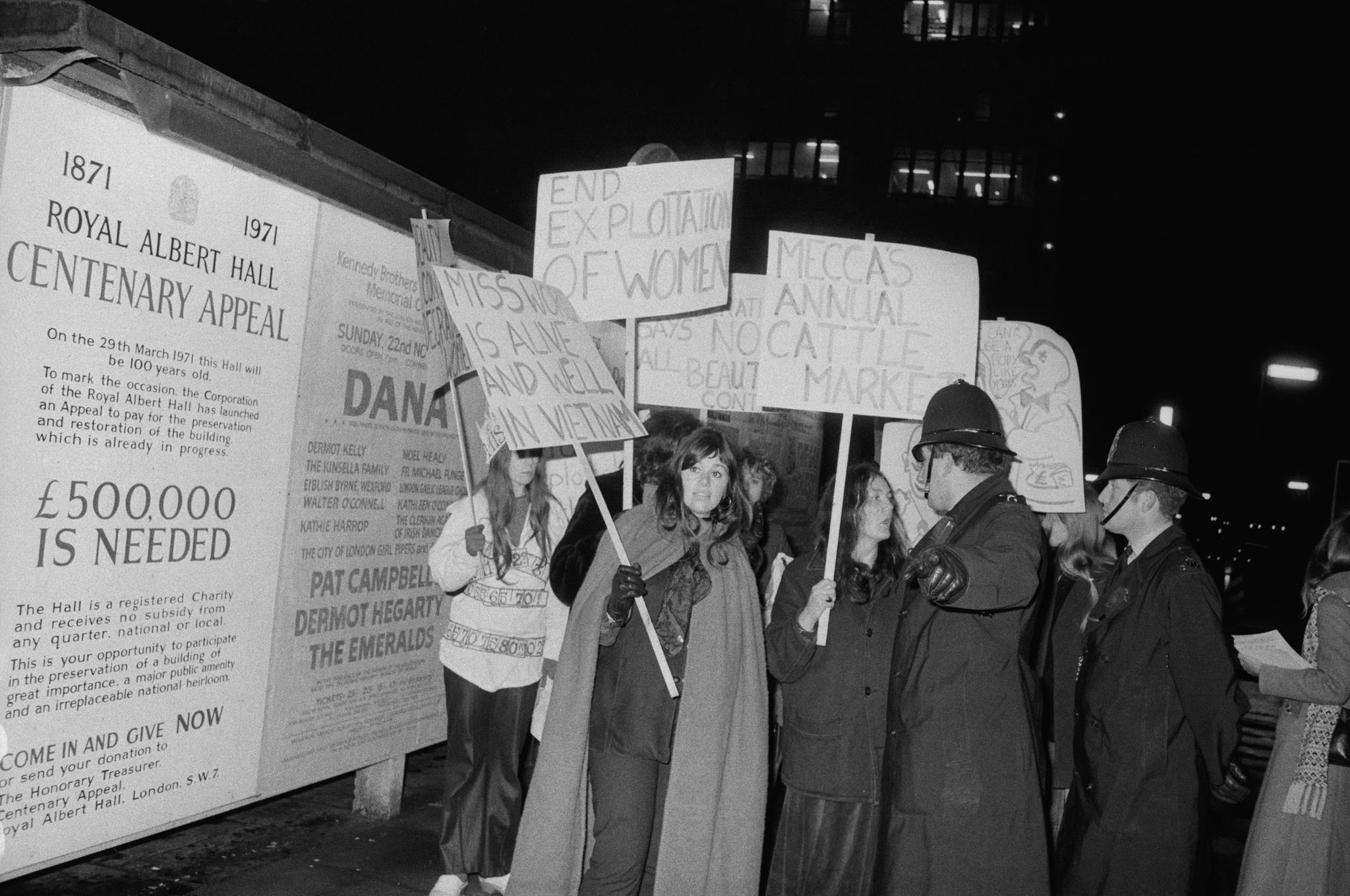 Members of the Women’s Liberation Movement protest against the Miss World Beauty Pageant outside the Royal Albert Hall(Getty)