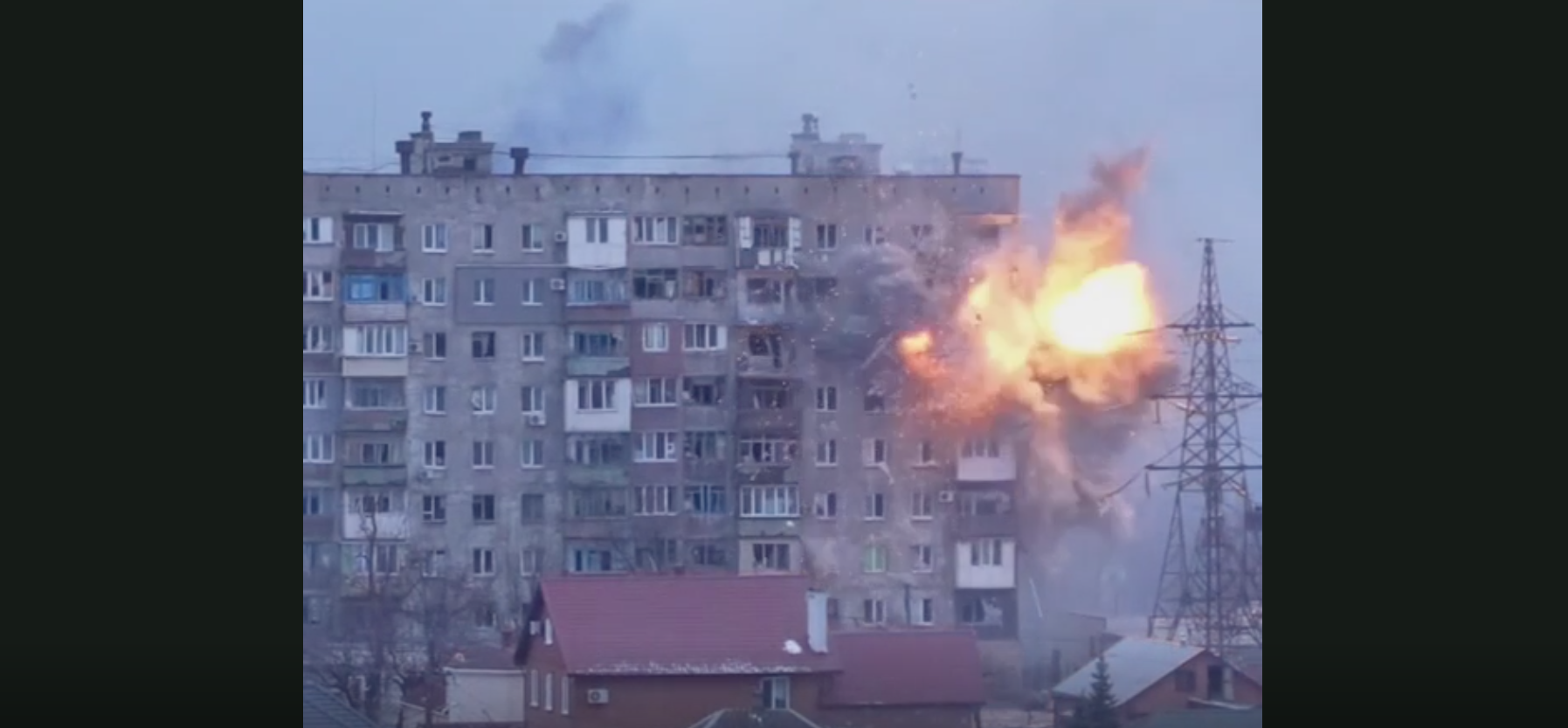 A residential building in Mariupol, south-eastern Ukraine, hit by Russian artillery fire. Screenshot from video, SkyNews, March 11, 2022.