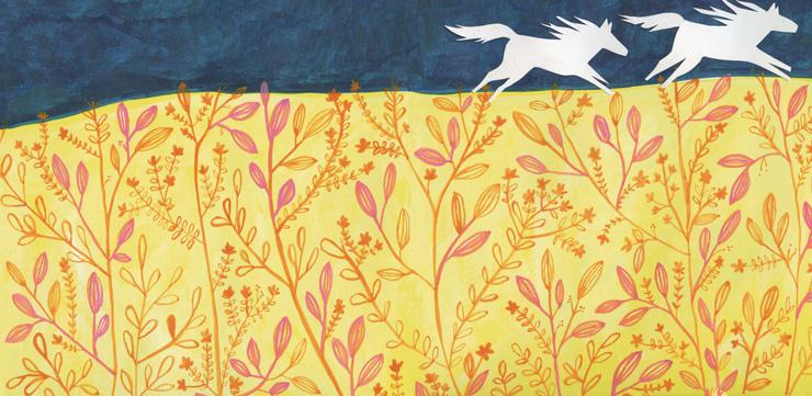 Illustration of horses running across a field, by Leigh Standley
