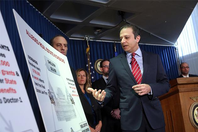 Preet Bharara, then U.S. attorney for the Southern District of New York, speaks at a press conference in January 2015 following the arrest of the speaker of the New York State Assembly, Sheldon Silver, on federal corruption charges. (Spencer Platt/Getty Images)