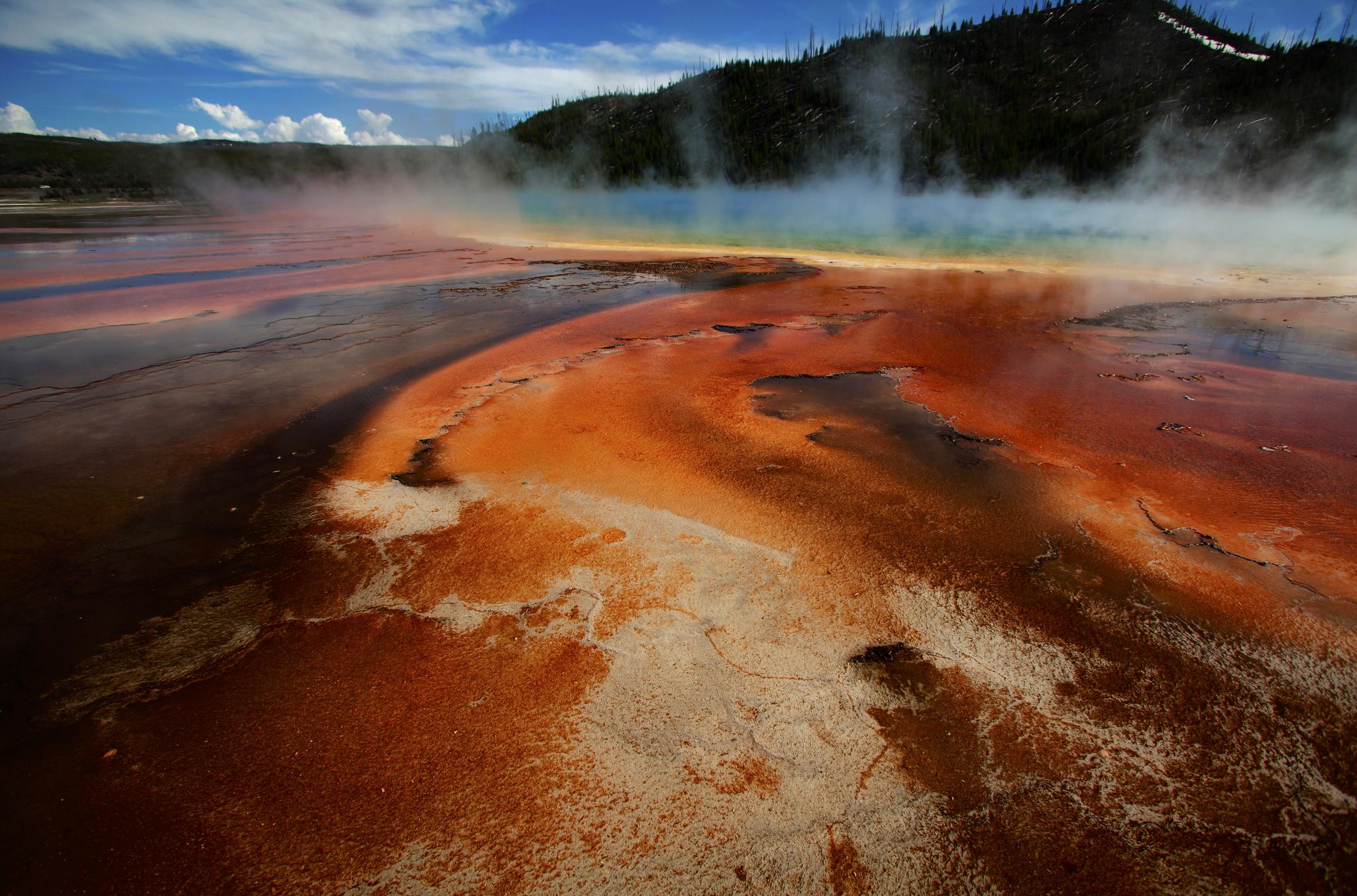 The colored bacteria and microbial mat of Grand Prismatic Spring, the largest in the United States and third largest in the world, in Yellowstone National Park, Wyoming, on June 22, 2011.