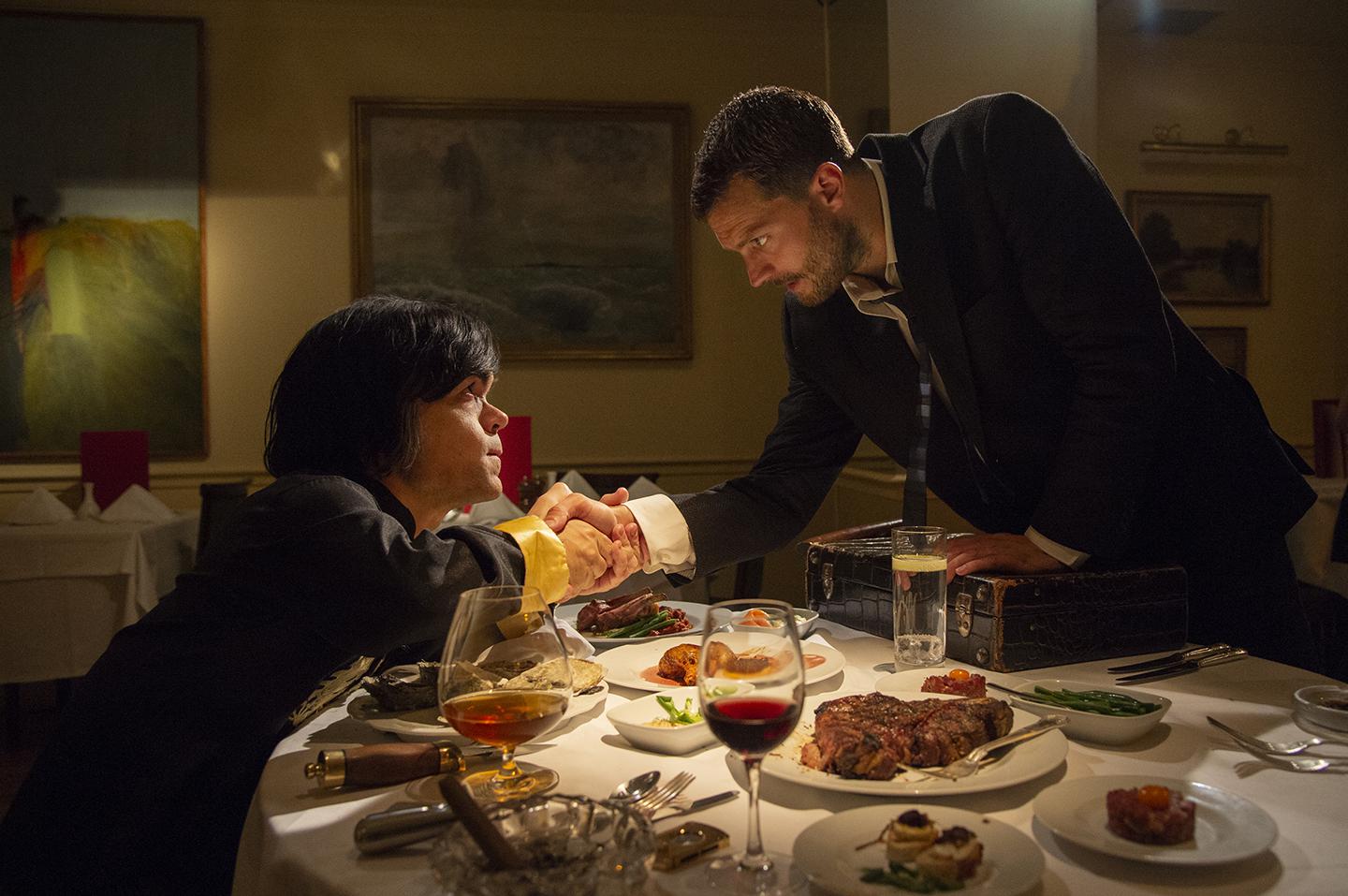 Dinklage, left, plays Villechaize, and Dornan the journalist who interviews him—based on director Gervasi.