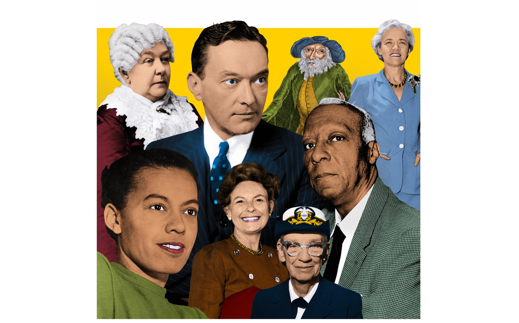 Historian Jill Lepore shines a light on the leaders underserved or overlooked by American history textbooks. Top row, from left: Elizabeth Cady Stanton, Walter Lippmann, Benjamin Lay, Margaret Chase Smith. Bottom row, from left: Pauli Murray, Phyllis Schlafly, Grace Hopper, A. Philip Randolph.