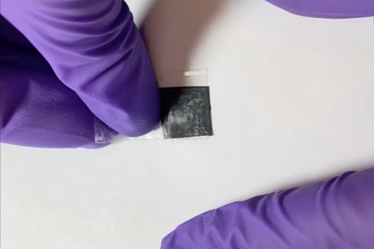 A researcher wearing purple gloves tries to get the latex paint off the oxidized polyethylene