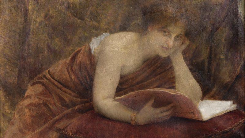 A woman readin in the painting "A Moment's Distraction" by Croatian artist Vlaho Bukovac (1855-1922). Public domain.