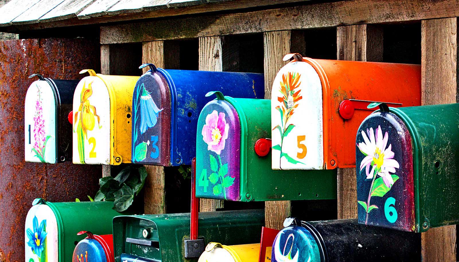 6 brightly painted mailboxes with flowers on the front sit in a row