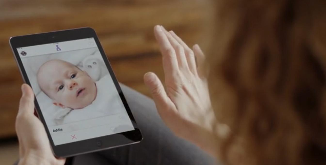 The promo video for a fake app called Adoptly shows a woman swiping on an image of a baby.