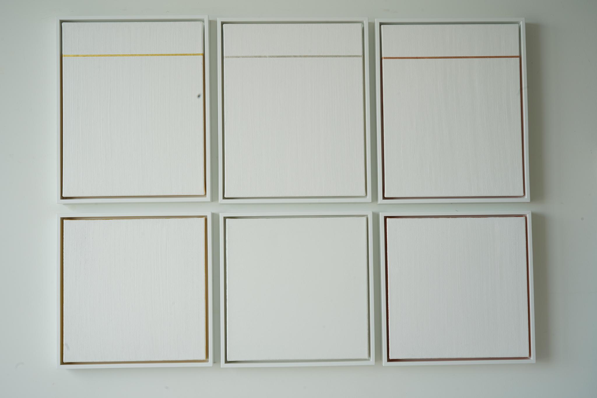 Six 3D squares, Polyptych 40x53.5x2 inch, each 21.4x17.5x2 inch and 17.5 x 17.5 x 2 inch, Gold leaf, copper leaf, silver leaf, Canvas, wood frame, 2019.