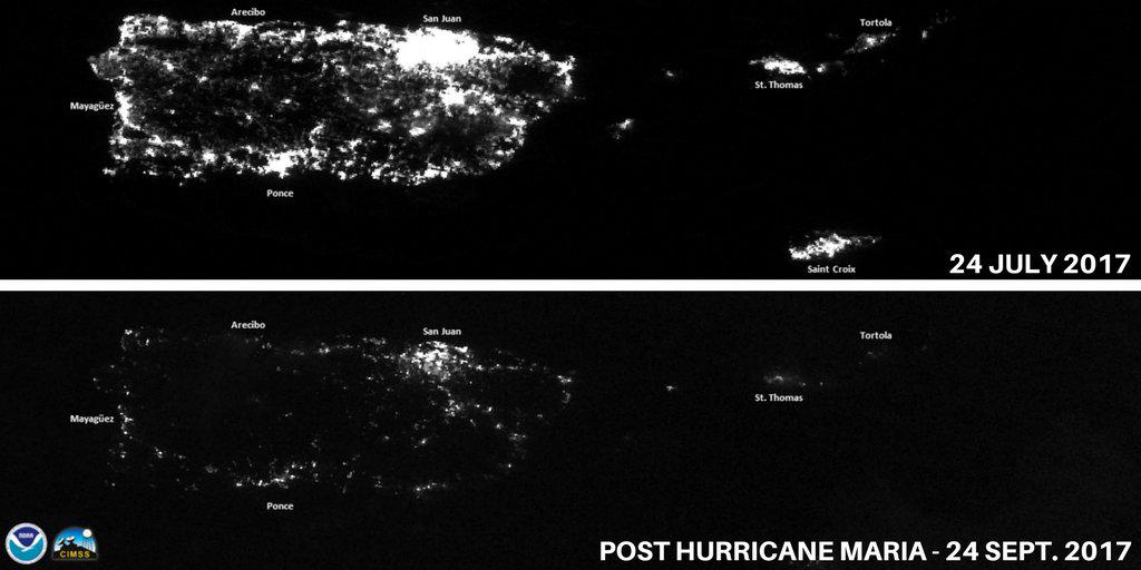 Imágenes satelitales de Puerto Rico por la noche antes y después del huracán María.