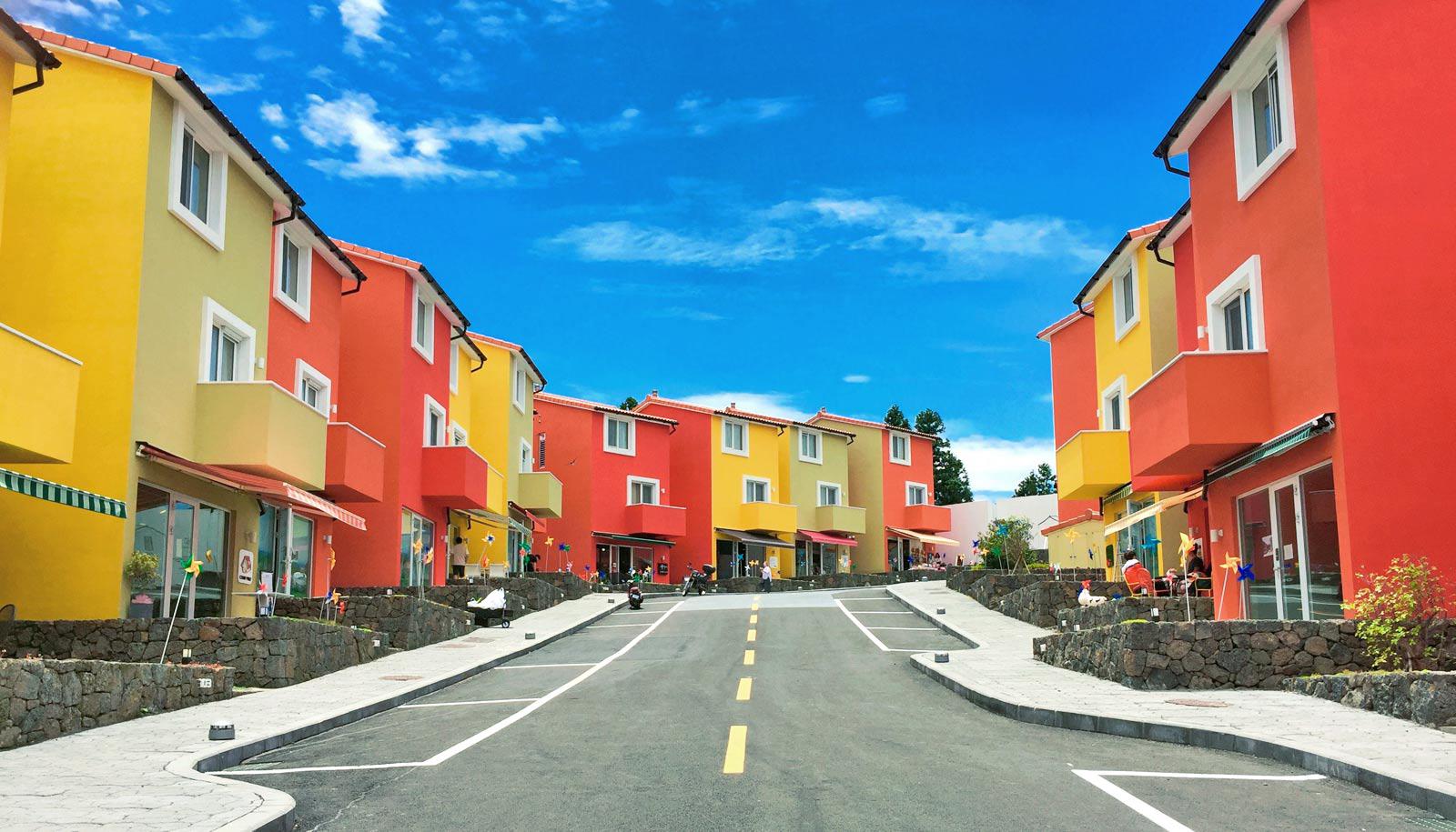 red and yellow buildings in neighborhood