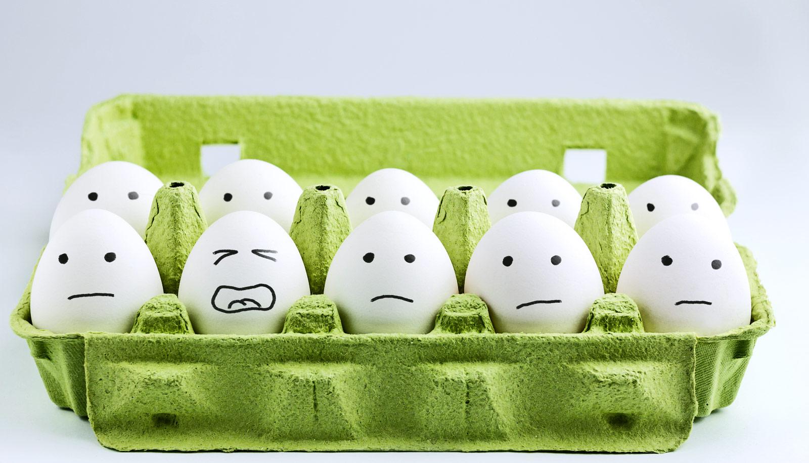 eggs with sad faces in green carton